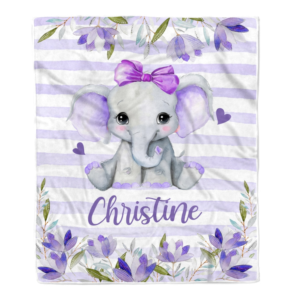 Personalized Baby Blanket Girl Custom With Name Elephant Purle Flower Nursery Kid Daughter Granddaughter Niece Birthday Customized Christmas Fleece Blanket | siriusteestore