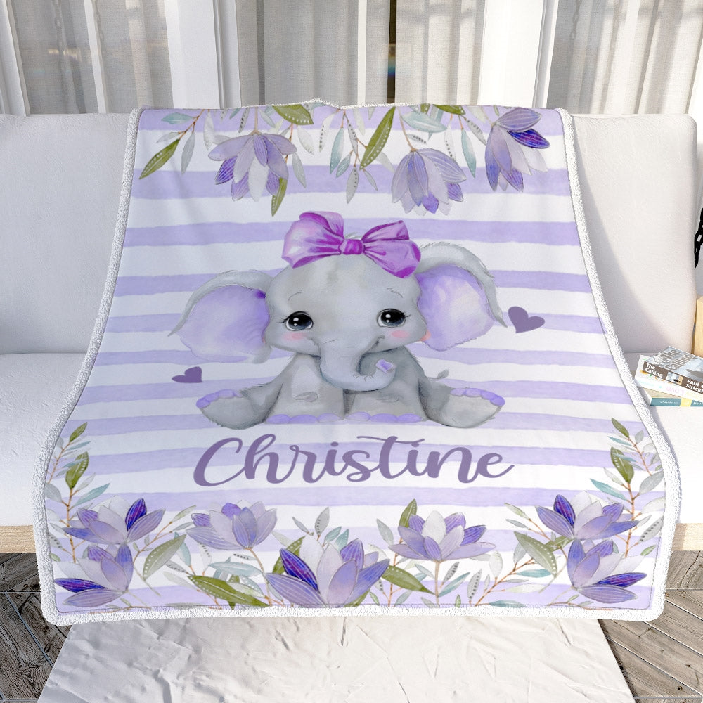 Personalized Baby Blanket Girl Custom With Name Elephant Purle Flower Nursery Kid Daughter Granddaughter Niece Birthday Customized Christmas Fleece Blanket | siriusteestore