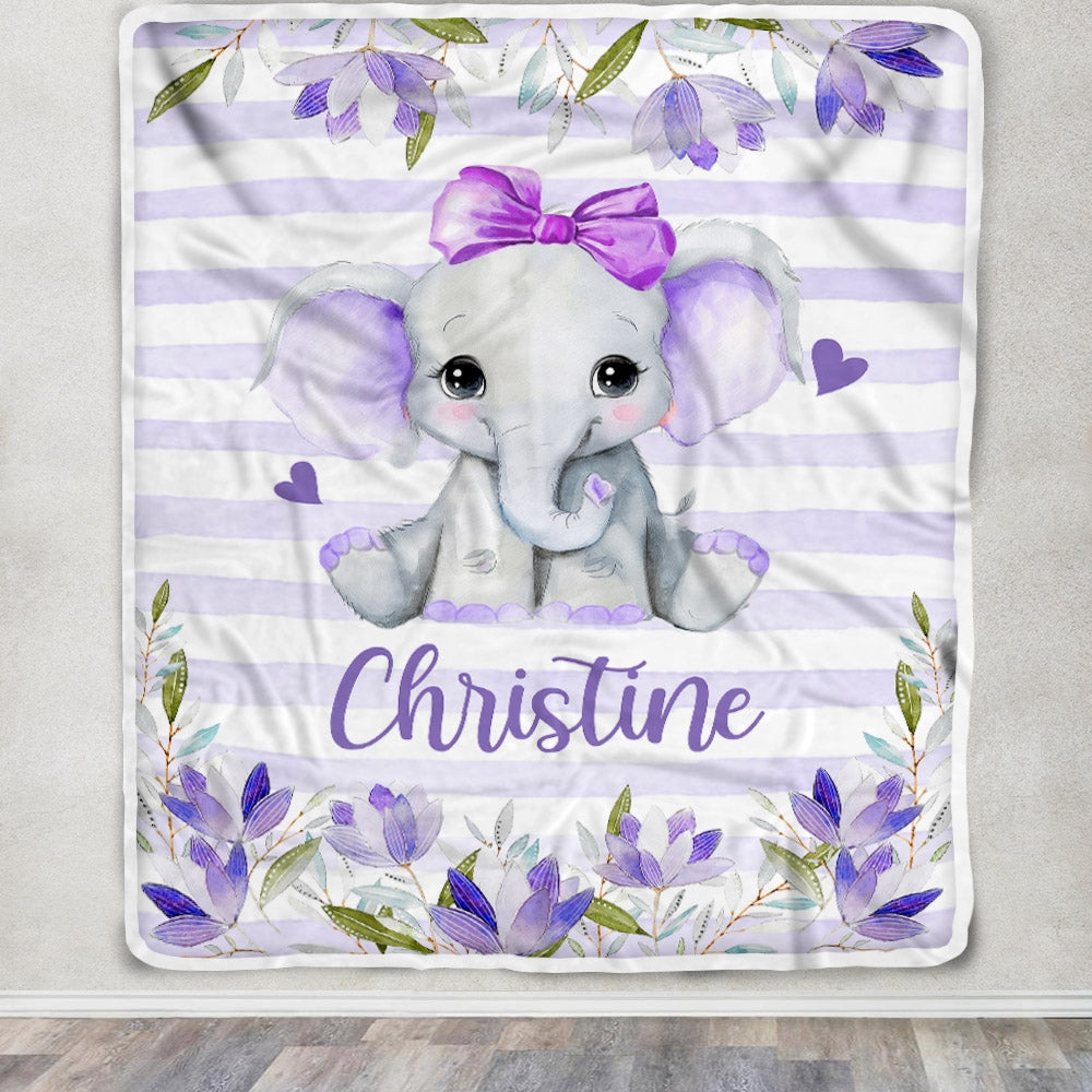 Personalized Baby Blanket Girl Custom With Name Elephant Purle Flower Nursery Kid Daughter Granddaughter Niece Birthday Customized Christmas Fleece Blanket | siriusteestore