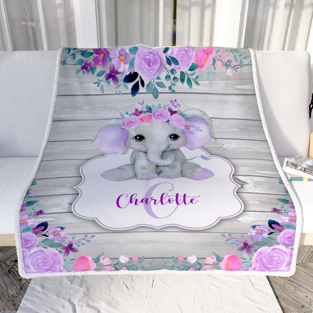 Personalized Baby Blanket Monogram Purple Floral Elephant Custom Nursery Swadding Boy Girl with Name Daughter Granddaughter Niece Birthday Fleece Blanket | siriusteestore