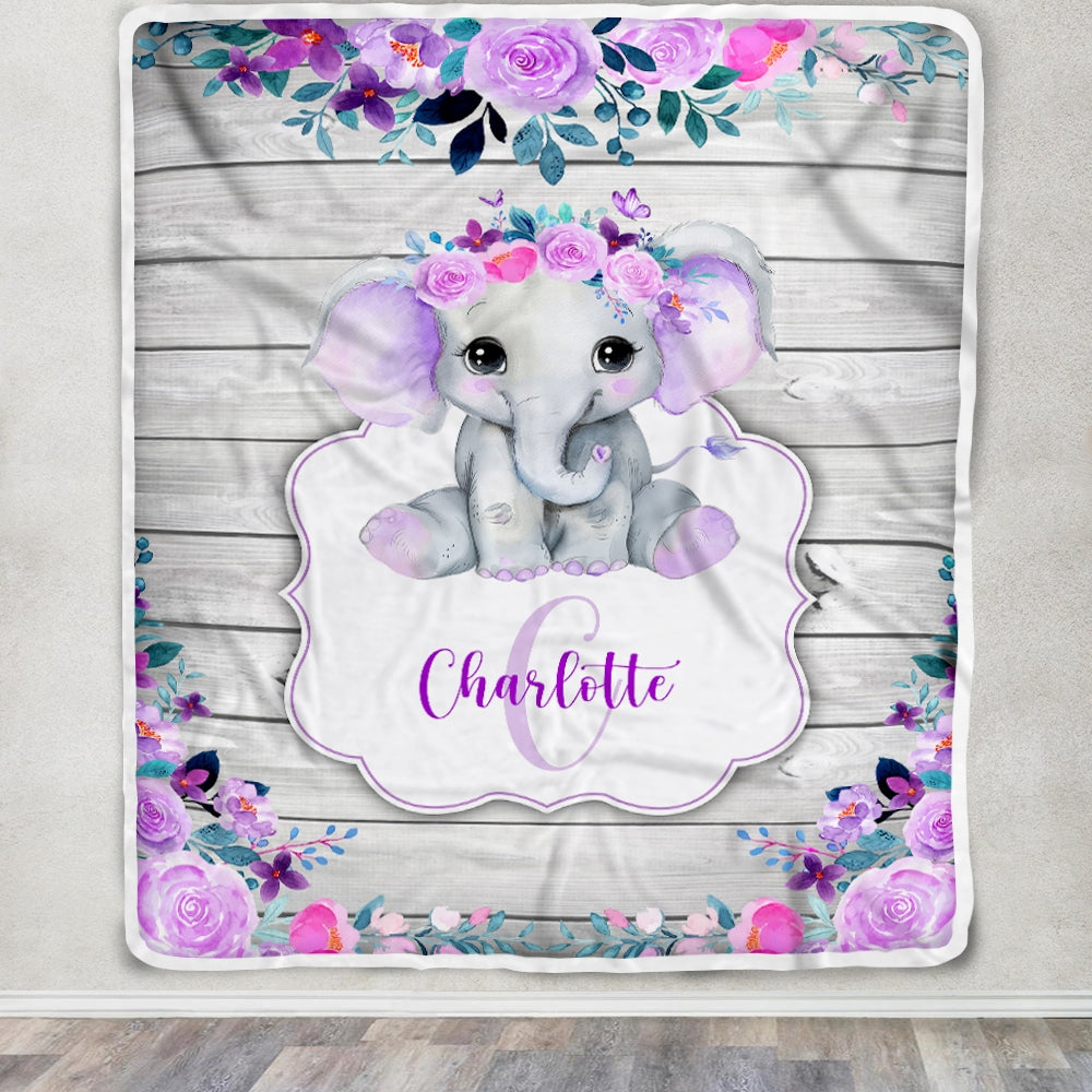 Personalized Baby Blanket Monogram Purple Floral Elephant Custom Nursery Swadding Boy Girl with Name Daughter Granddaughter Niece Birthday Fleece Blanket | siriusteestore