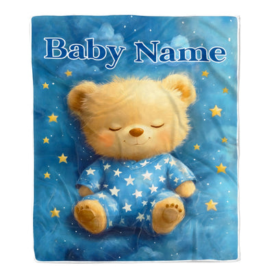 Personalized Baby Blanket With Custom Name Cute Sleeping Bear Stars Nursery Bedding Soft Plush Easter Christmas Birthday Gifts For Boys Girls Fleece Blanket | siriusteestore