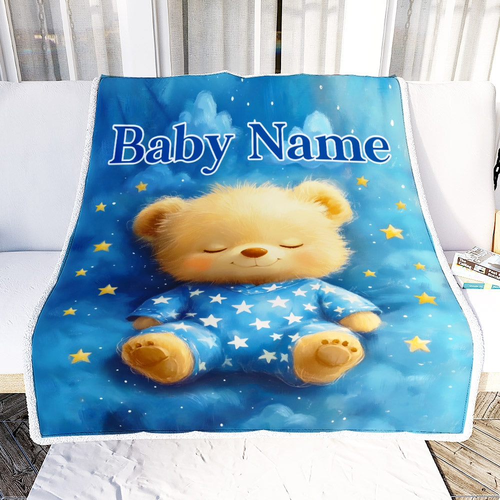 Personalized Baby Blanket With Custom Name Cute Sleeping Bear Stars Nursery Bedding Soft Plush Easter Christmas Birthday Gifts For Boys Girls Fleece Blanket | siriusteestore