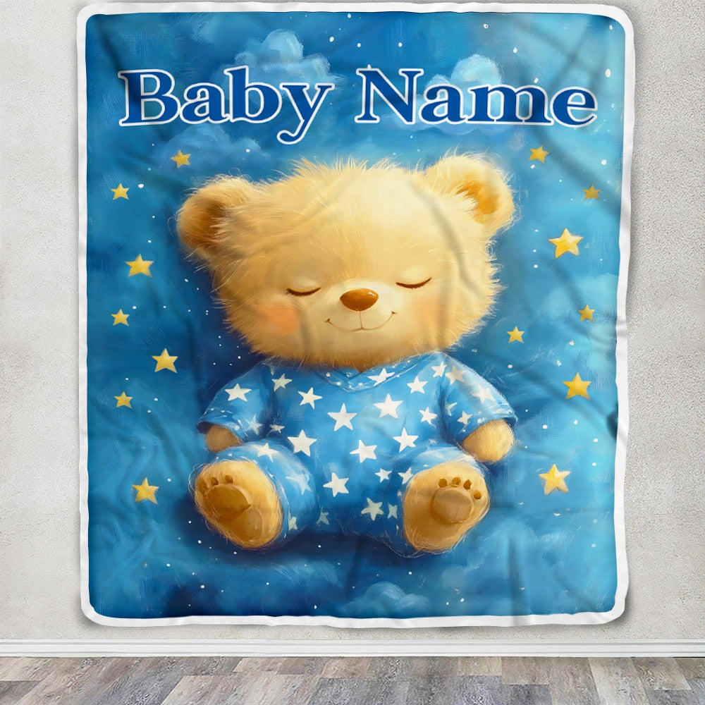Personalized Baby Blanket With Custom Name Cute Sleeping Bear Stars Nursery Bedding Soft Plush Easter Christmas Birthday Gifts For Boys Girls Fleece Blanket | siriusteestore