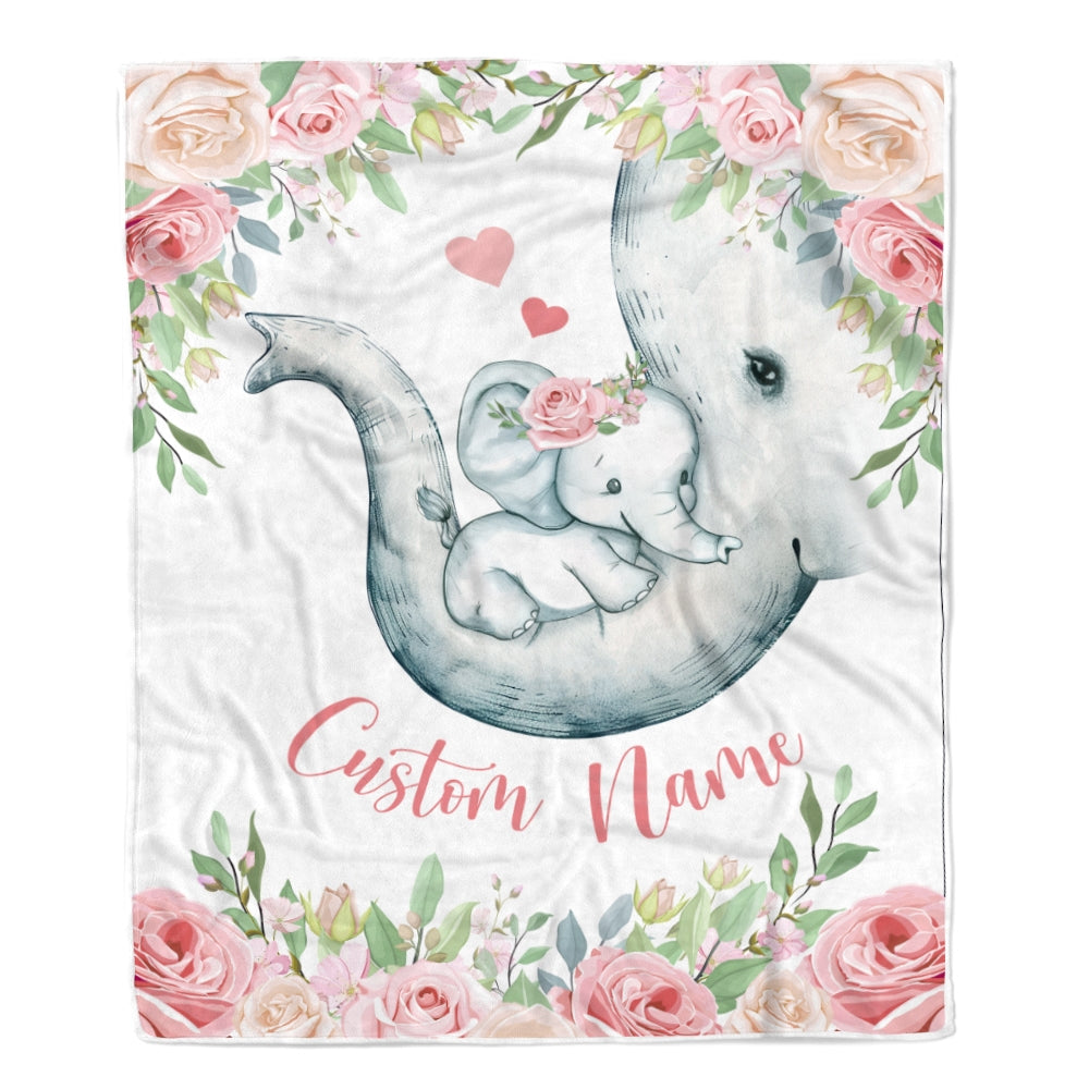 Personalized Baby Blanket With Custom Name Newborn Pink Flowers Elephant Girl Daughter Niece Granddaughter Birthday Christmas Customized Bed Fleece Blanket | siriusteestore