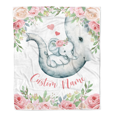Personalized Baby Blanket With Custom Name Newborn Pink Flowers Elephant Girl Daughter Niece Granddaughter Birthday Christmas Customized Bed Fleece Blanket | siriusteestore