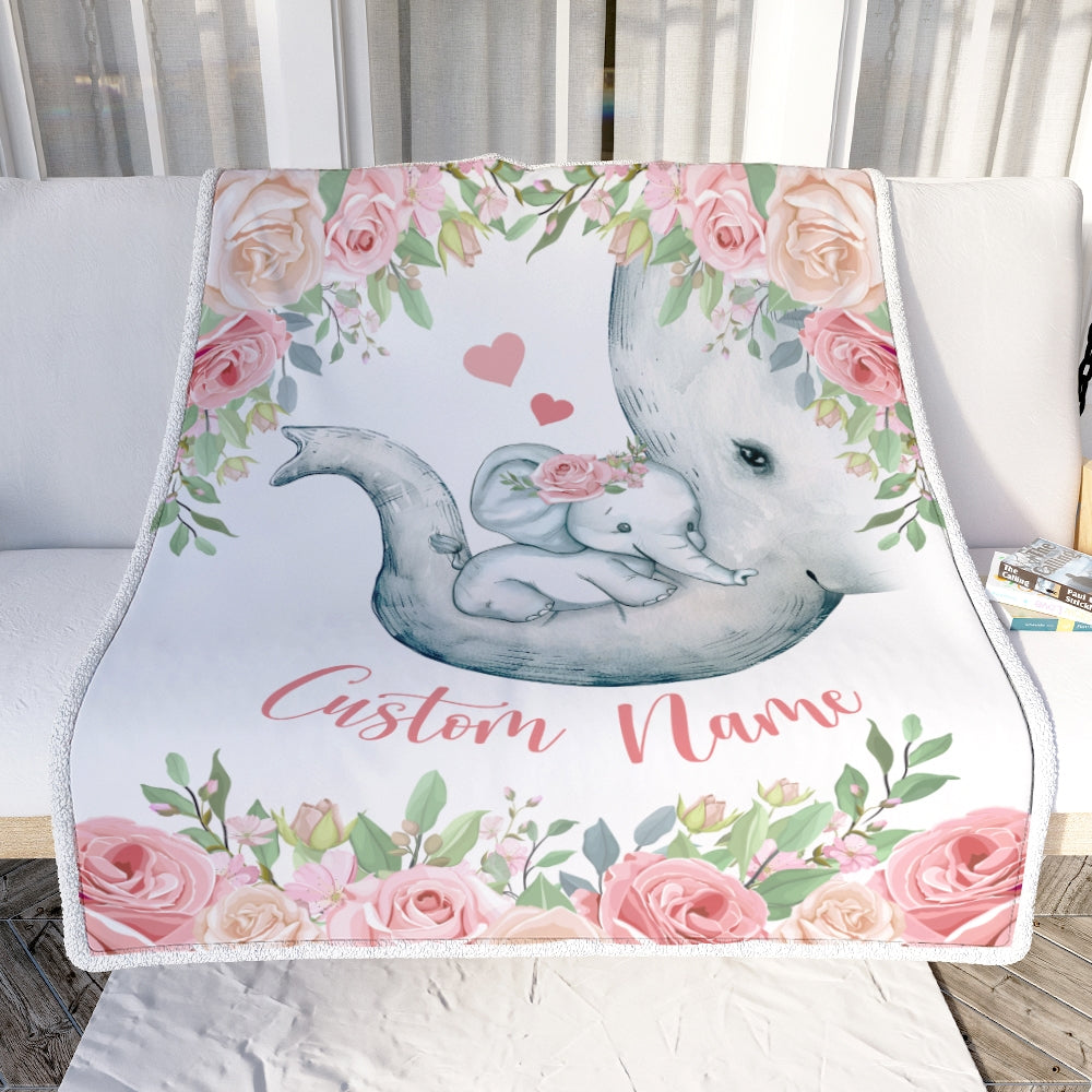 Personalized Baby Blanket With Custom Name Newborn Pink Flowers Elephant Girl Daughter Niece Granddaughter Birthday Christmas Customized Bed Fleece Blanket | siriusteestore