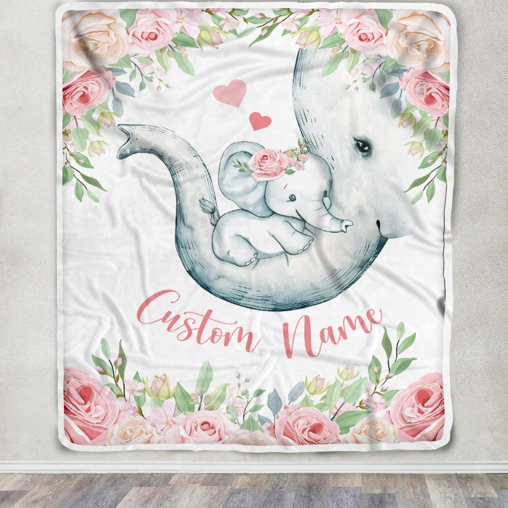 Personalized Baby Blanket With Custom Name Newborn Pink Flowers Elephant Girl Daughter Niece Granddaughter Birthday Christmas Customized Bed Fleece Blanket | siriusteestore