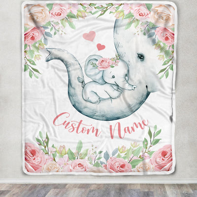 Personalized Baby Blanket With Custom Name Newborn Pink Flowers Elephant Girl Daughter Niece Granddaughter Birthday Christmas Customized Bed Fleece Blanket | siriusteestore