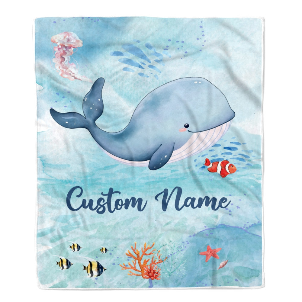 Personalized Baby Blanket With Custom Name Ocean Blue Whale Newborn Son Daughter Niece Nephew Grandson Granddaughter Birthday Christmas Bed Fleece Blanket | siriusteestore