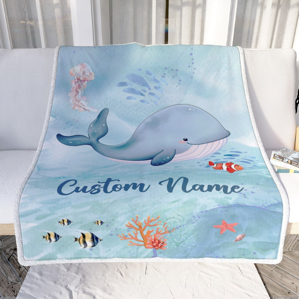 Personalized Baby Blanket With Custom Name Ocean Blue Whale