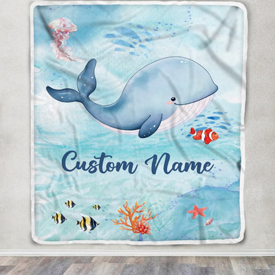 Personalized Baby Blanket With Custom Name Ocean Blue Whale Newborn Son Daughter Niece Nephew Grandson Granddaughter Birthday Christmas Bed Fleece Blanket | siriusteestore