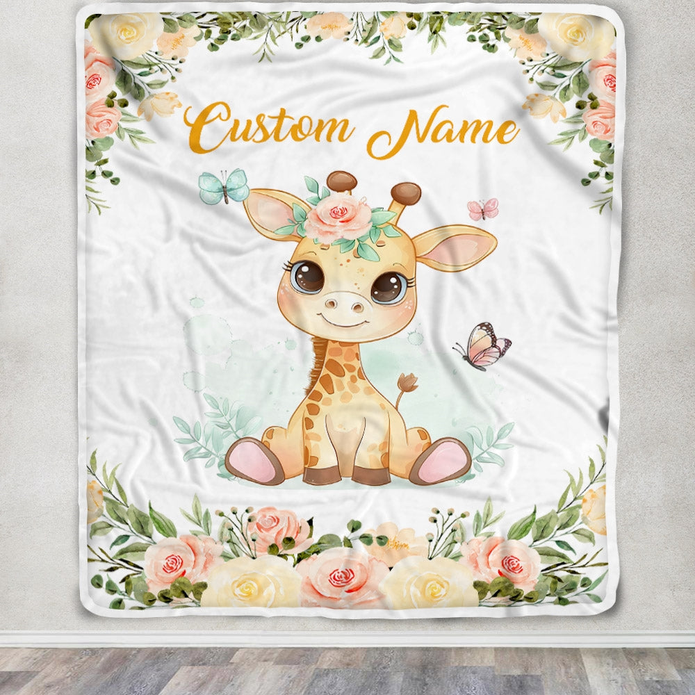 Personalized Baby Blanket For Girls – 30x40 Inch Pink Floral Custom Name Blanket With Navy & Satin Trim