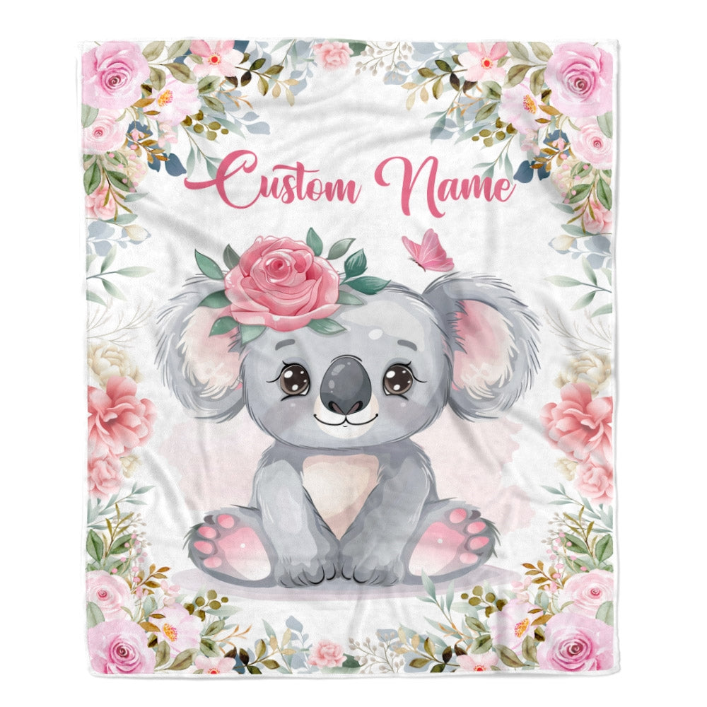 Personalized Baby Blanket With Name Baby Girls Koala For Newborns Nursery Daughter Granddaughter Niece Birthday Christmas Customized Fleece Blanket | siriusteestore