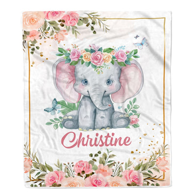 Personalized Baby Blanket With Name Custom Cute Elephant Flower Newborn Baby Girl Children Kids Daughter Granddaughter Niece Birthday Christmas Fleece Blanket | siriusteestore