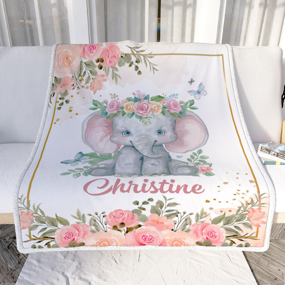 Personalized Baby Blanket With Name Custom Cute Elephant Flower Newborn Baby Girl Children Kids Daughter Granddaughter Niece Birthday Christmas Fleece Blanket | siriusteestore