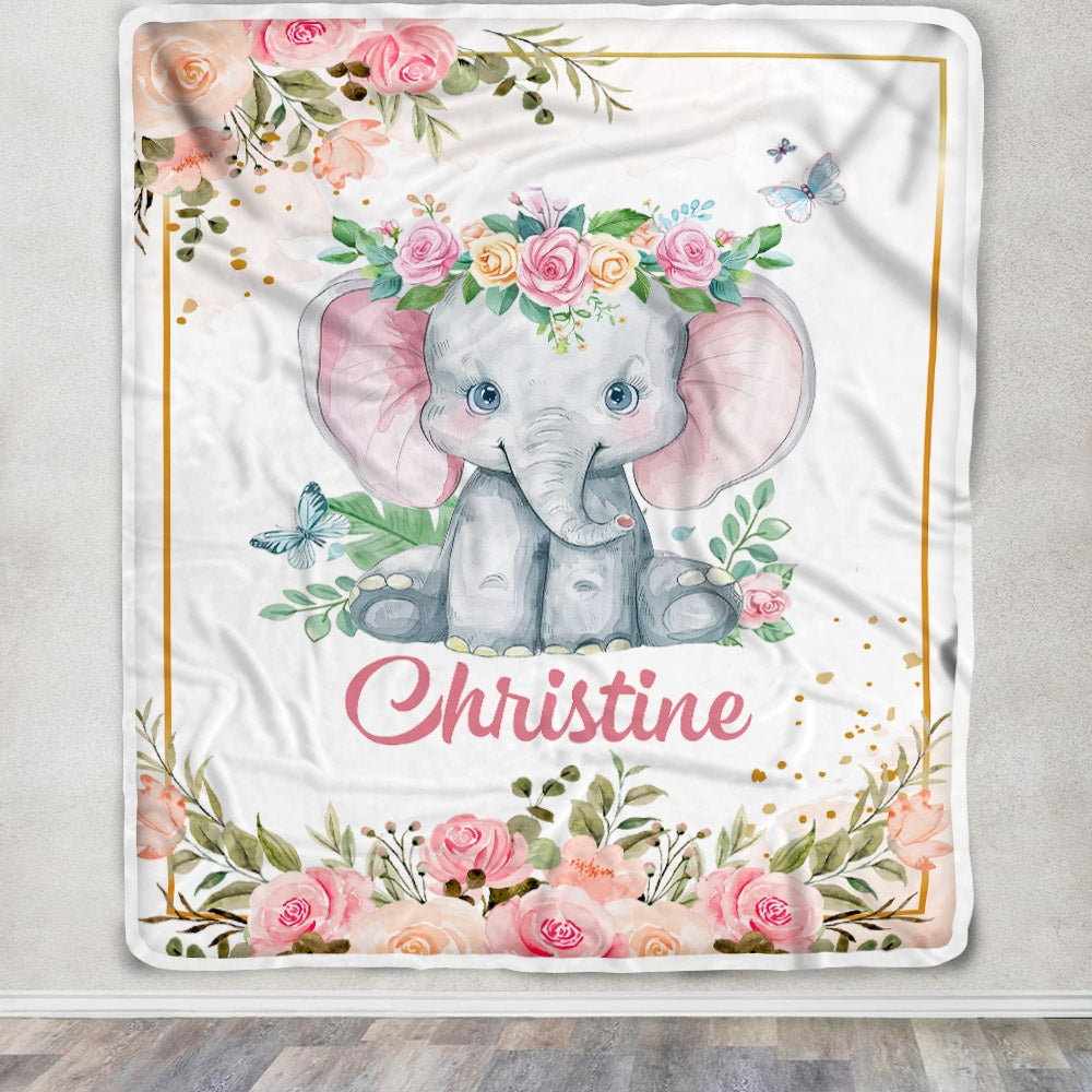 Personalized Baby Blanket With Name Custom Cute Elephant Flower Newborn Baby Girl Children Kids Daughter Granddaughter Niece Birthday Christmas Fleece Blanket | siriusteestore