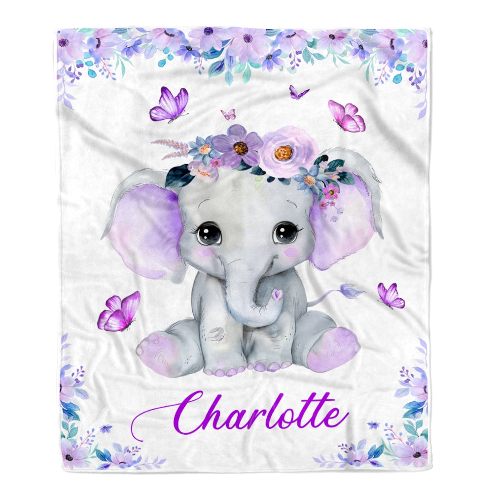 Personalized Baby Blanket With Name Custom Cute Elephant Purple Newborn Baby Girl Children Kids Daughter Granddaughter Niece Birthday Christmas Fleece Blanket | siriusteestore