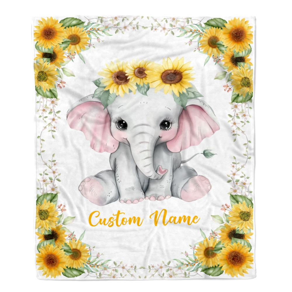 Personalized Baby Blanket With Name Custom Elephant Sunflower Newborn Baby Girl Children Kids Daughter Granddaughter Niece Birthday Christmas Fleece Blanket | siriusteestore