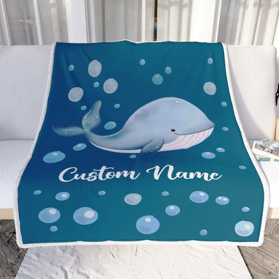 Personalized Baby Blanket With Name Custom Newborn Blue Whale Son Daughter Niece Nephew Grandson Granddaughter Birthday Christmas Customized Bed Fleece Blanket | siriusteestore