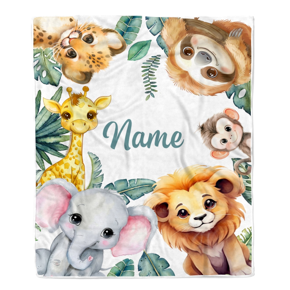 Personalized Baby Blanket With Name Custom Safari Animals Boy Girl Son Daughter Niece Granddaughter Birthday Christmas Customized Bed Fleece Throw Blanket | siriusteestore