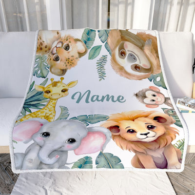Personalized Baby Blanket With Name Custom Safari Animals Boy Girl Son Daughter Niece Granddaughter Birthday Christmas Customized Bed Fleece Throw Blanket | siriusteestore