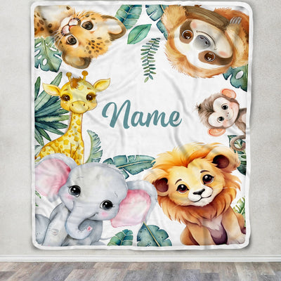 Personalized Baby Blanket With Name Custom Safari Animals Boy Girl Son Daughter Niece Granddaughter Birthday Christmas Customized Bed Fleece Throw Blanket | siriusteestore