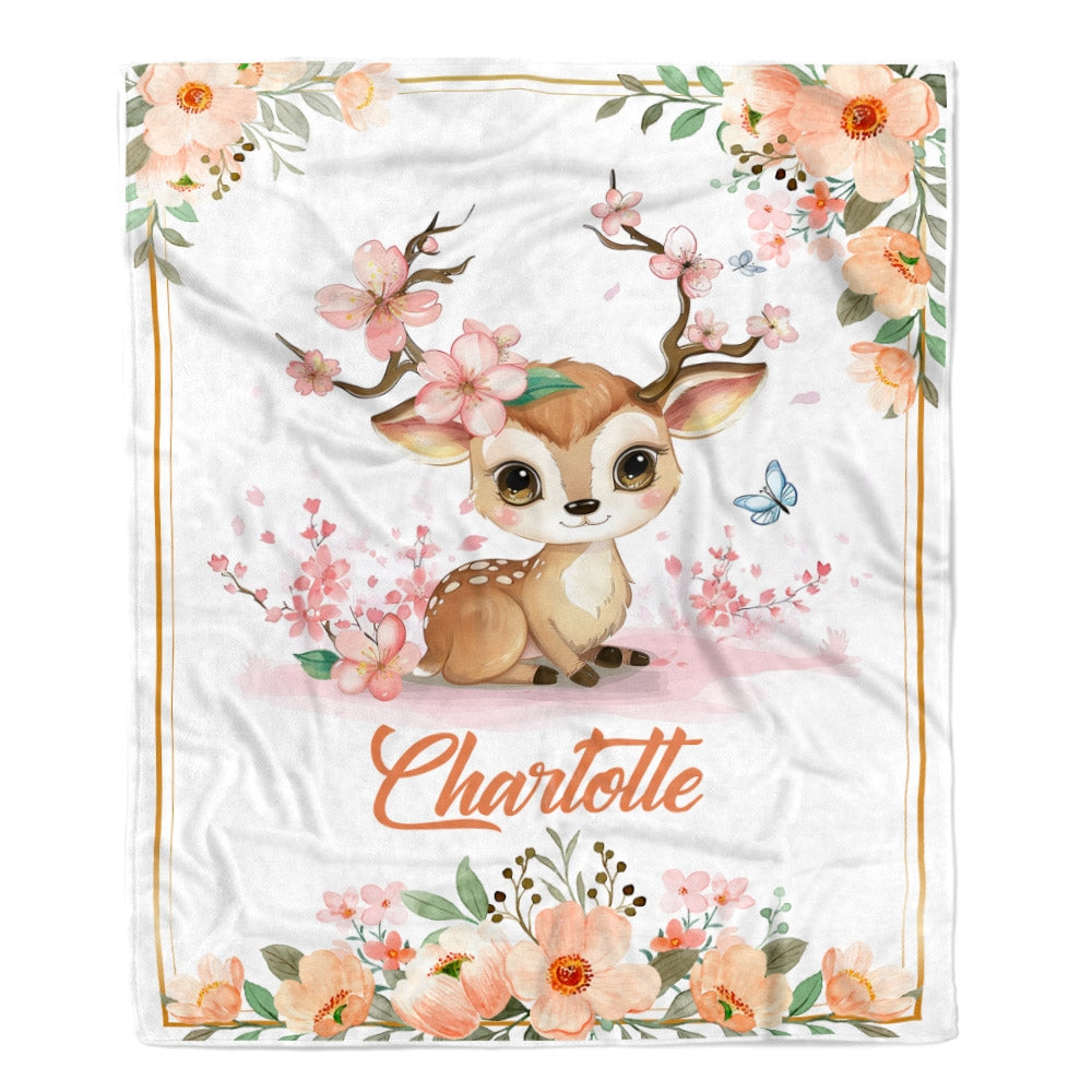 Personalized Baby Blanket With Name For Girl Deer Bunny Baby Girl Floral Pink Kid Daughter Granddaughter Niece Birthday Customized Christmas Fleece Blanket | siriusteestore