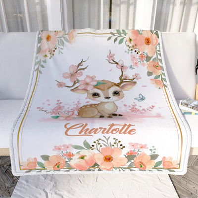 Personalized Baby Blanket With Name For Girl Deer Bunny Baby Girl Floral Pink Kid Daughter Granddaughter Niece Birthday Customized Christmas Fleece Blanket | siriusteestore