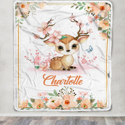 Personalized Baby Blanket With Name For Girl Deer Bunny Baby Girl Floral Pink Kid Daughter Granddaughter Niece Birthday Customized Christmas Fleece Blanket | siriusteestore
