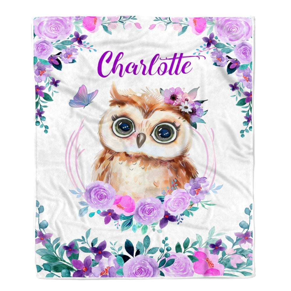 Personalized Baby Blanket With Name For Girl Flower Owl Baby Girl Kid Daughter Granddaughter Niece Birthday Customized Christmas Fleece Blanket | siriusteestore