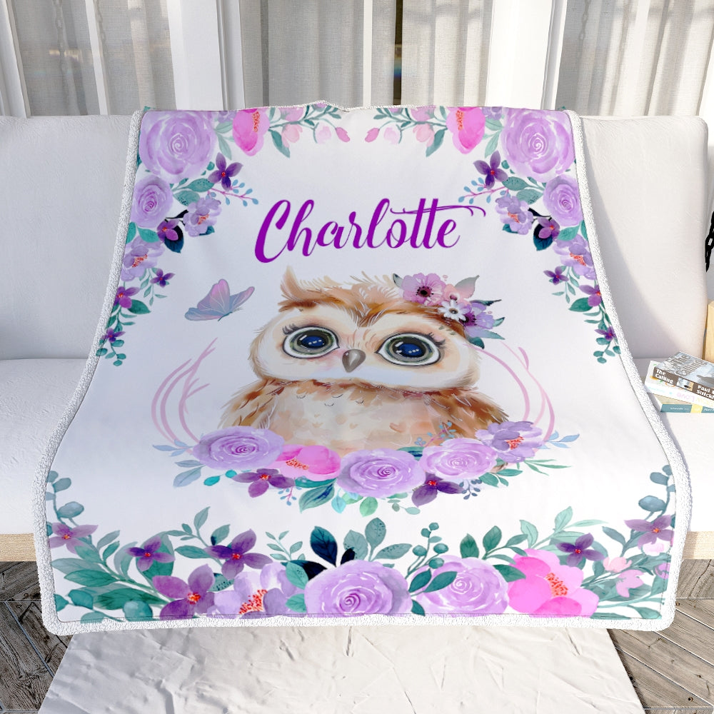 Personalized Baby Blanket With Name For Girl Flower Owl Baby Girl Kid Daughter Granddaughter Niece Birthday Customized Christmas Fleece Blanket | siriusteestore