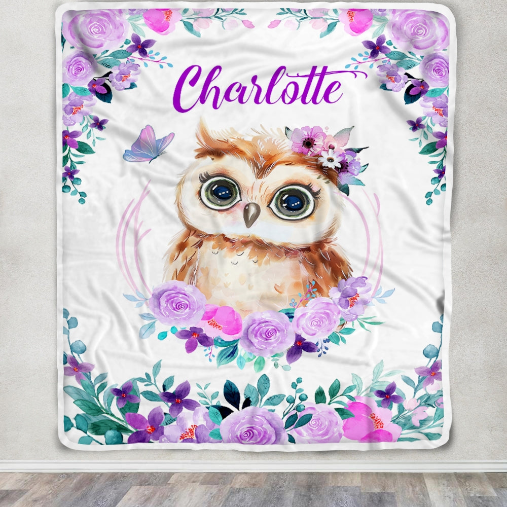 Personalized Baby Blanket With Name For Girl Flower Owl Baby Girl Kid Daughter Granddaughter Niece Birthday Customized Christmas Fleece Blanket | siriusteestore
