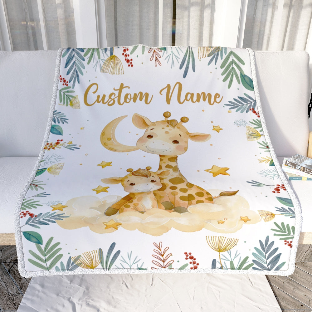 Personalized Baby Blanket with Name Custom Mom and Baby Giraffe Newborn Boy Girl Kids Son Daughter Niece Birthday Christmas Customized Fleece Blanket | siriusteestore