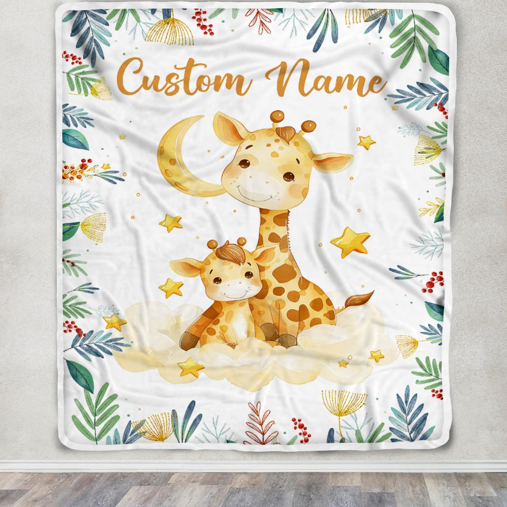 Personalized Baby Blanket with Name Custom Mom and Baby Giraffe Newborn Boy Girl Kids Son Daughter Niece Birthday Christmas Customized Fleece Blanket | siriusteestore