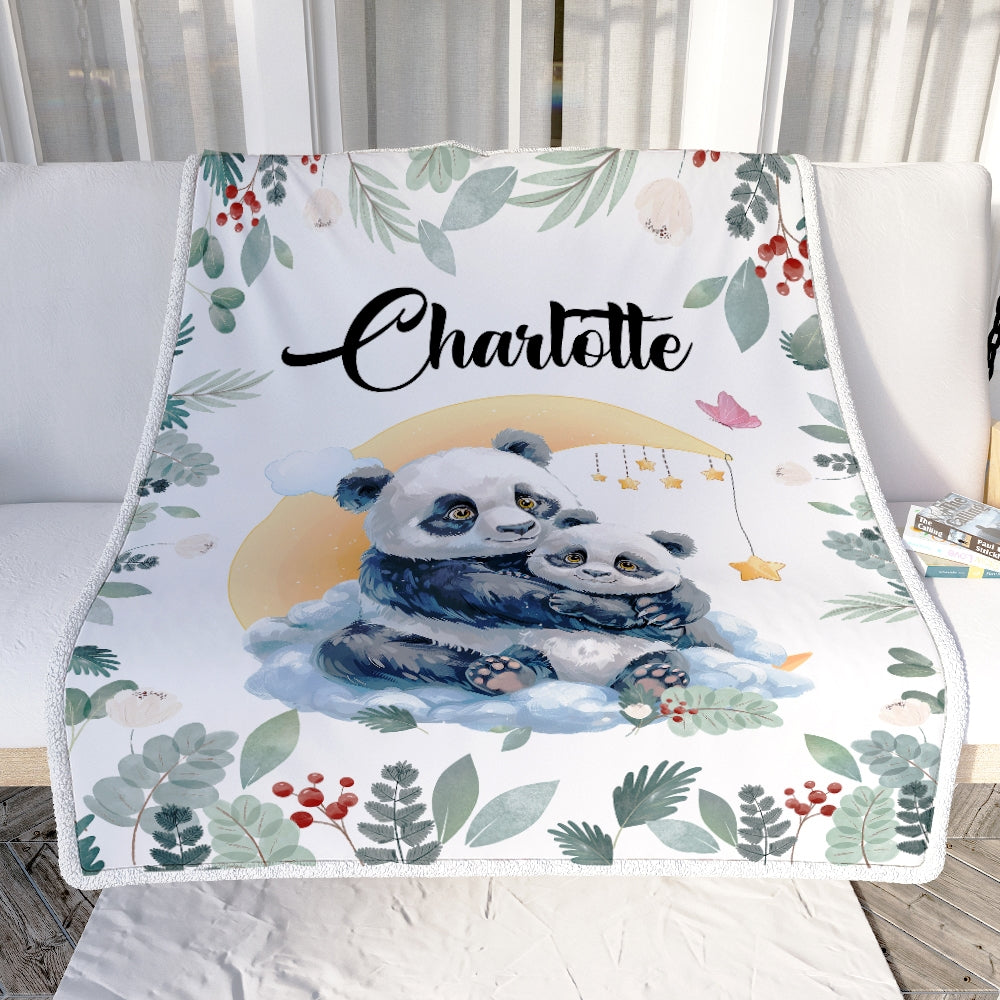 Personalized Baby Blanket with Name Custom Mom and Baby Panda Boy Girl Newborn Kids Son Daughter Niece Nephew Birthday Christmas Customized Fleece Blanket | siriusteestore