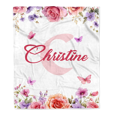 Personalized Baby Custom Name Blanket Pink Roses Butterflies Floral Watercolor Throw Bedding Girl Kids Bedroom Nursery Brithday Gift Christmas Fleece Blanket | siriusteestore