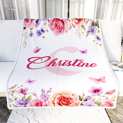 Personalized Baby Custom Name Blanket Pink Roses Butterflies Floral Watercolor Throw Bedding Girl Kids Bedroom Nursery Brithday Gift Christmas Fleece Blanket | siriusteestore