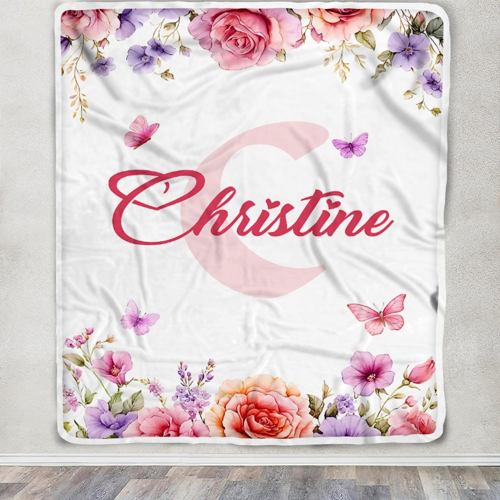 Personalized Baby Custom Name Blanket Pink Roses Butterflies Floral Watercolor Throw Bedding Girl Kids Bedroom Nursery Brithday Gift Christmas Fleece Blanket | siriusteestore