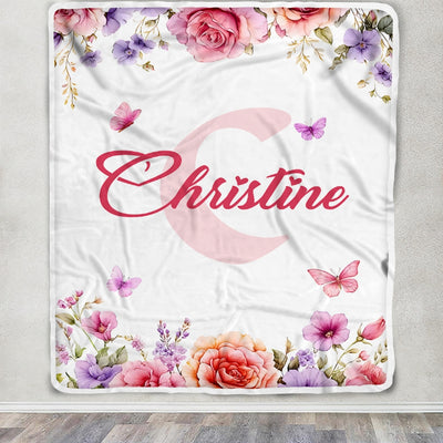 Personalized Baby Custom Name Blanket Pink Roses Butterflies Floral Watercolor Throw Bedding Girl Kids Bedroom Nursery Brithday Gift Christmas Fleece Blanket | siriusteestore