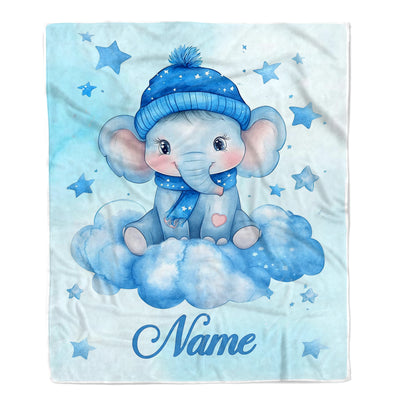 Personalized Baby Elephant Blanket Cute Watercolor Blue Elephant With Hat Stars Brithday Gift Christmas Newborn Girl Boy Nursery Bedding Custom Fleece Blanket | siriusteestore