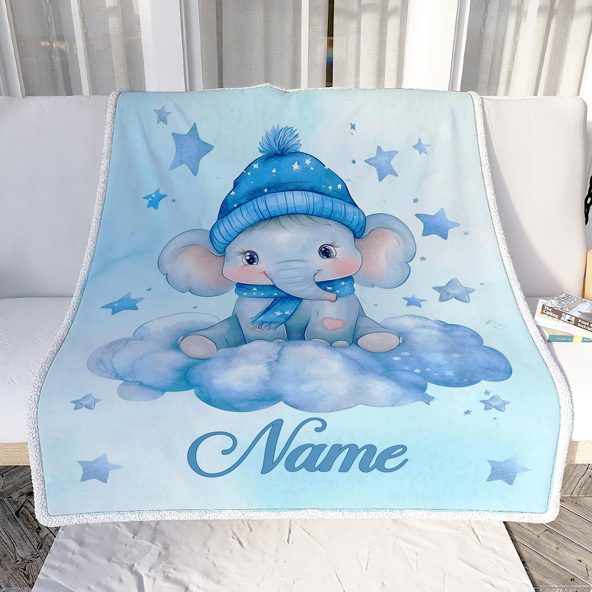 Personalized Baby Elephant Blanket Cute Watercolor Blue Elephant With Hat Stars Brithday Gift Christmas Newborn Girl Boy Nursery Bedding Custom Fleece Blanket | siriusteestore