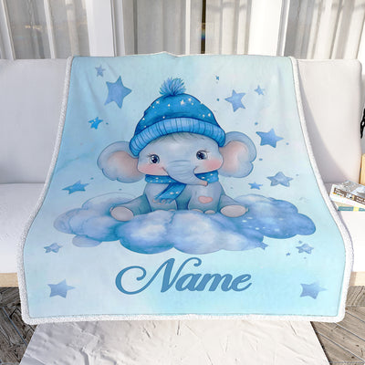 Personalized Baby Elephant Blanket Cute Watercolor Blue Elephant With Hat Stars Brithday Gift Christmas Newborn Girl Boy Nursery Bedding Custom Fleece Blanket | siriusteestore