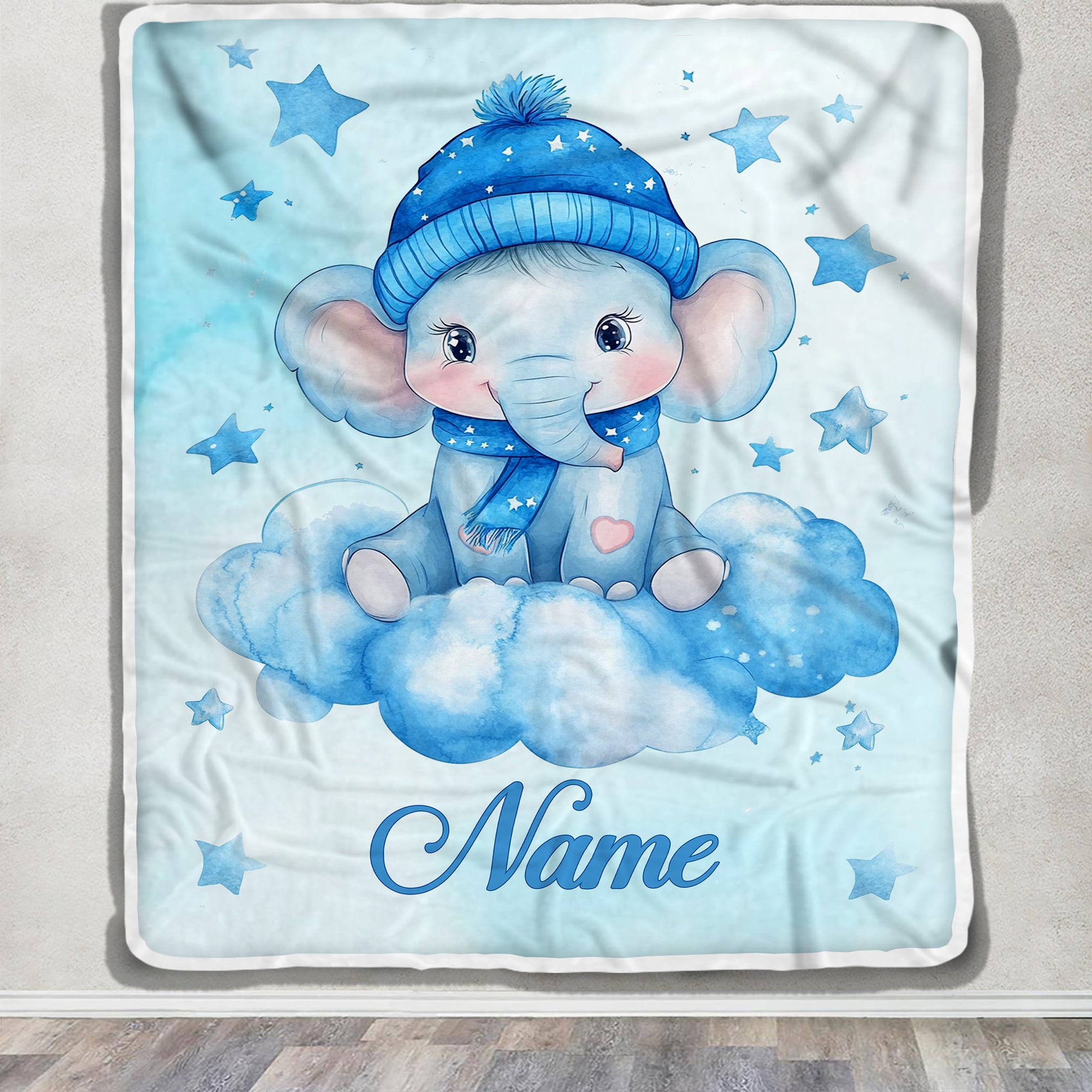 Personalized Baby Elephant Blanket Cute Watercolor Blue Elephant With Hat Stars Brithday Gift Christmas Newborn Girl Boy Nursery Bedding Custom Fleece Blanket | siriusteestore