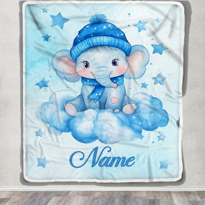 Personalized Baby Elephant Blanket Cute Watercolor Blue Elephant With Hat Stars Brithday Gift Christmas Newborn Girl Boy Nursery Bedding Custom Fleece Blanket | siriusteestore