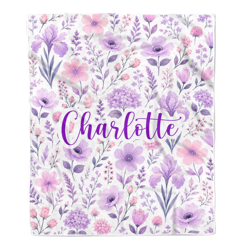 Personalized Baby Floral Blanket Pink Purple Lavender Flowers Custom Name Blanket Gift For Girls Women Birthday Christmas Mothers Day Fleece Throw Blanket | siriusteestore