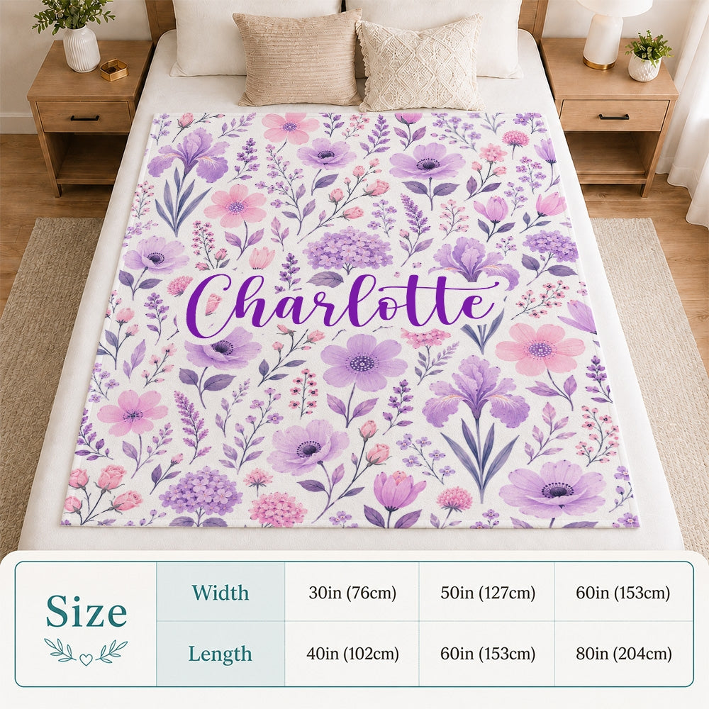 Personalized Baby Floral Blanket Pink Purple Lavender Flowers Custom Name Blanket Gift For Girls Women Birthday Christmas Mothers Day Fleece Throw Blanket | siriusteestore