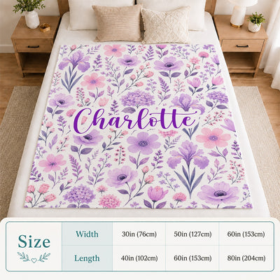 Personalized Baby Floral Blanket Pink Purple Lavender Flowers Custom Name Blanket Gift For Girls Women Birthday Christmas Mothers Day Fleece Throw Blanket | siriusteestore