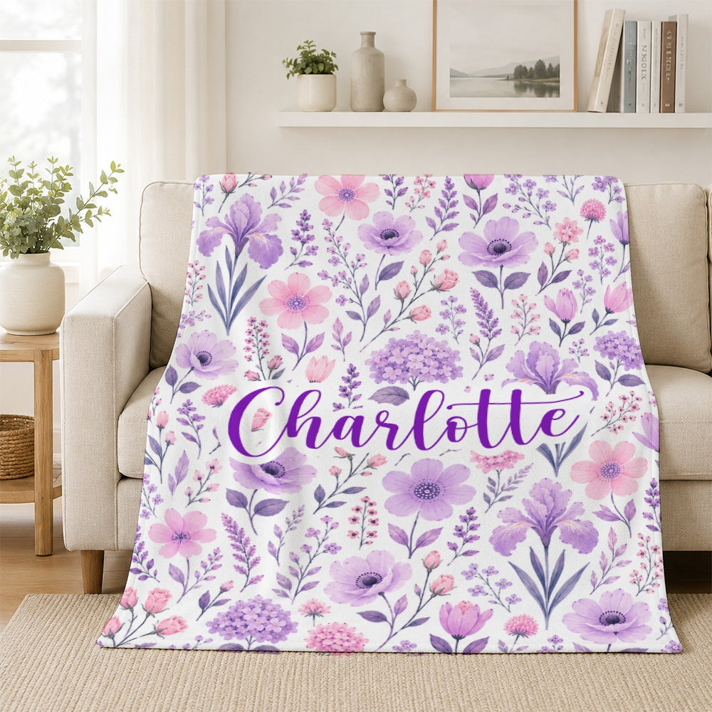 Personalized Baby Floral Blanket Pink Purple Lavender Flowers Custom Name Blanket Gift For Girls Women Birthday Christmas Mothers Day Fleece Throw Blanket | siriusteestore