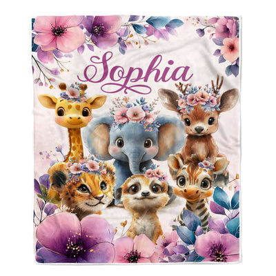 Personalized Baby Girl Blanket Custom Name Cute Safari Animals Giraffe Elephant Boho Floral Nursery Bedding Babies Gifts For Birthday Christmas Fleece Blanket | siriusteestore
